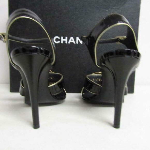 New Chanel Womens US 7 Camellia CC Sandal Heels Black/Gold G3347 - Picture 4 of 6